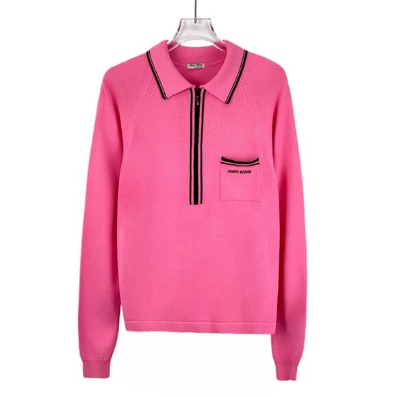 DW0624 MiuMiu Pink Half-zip Lapel Long Sleeve Knit Polo Shirt 38 S Size Slight Y